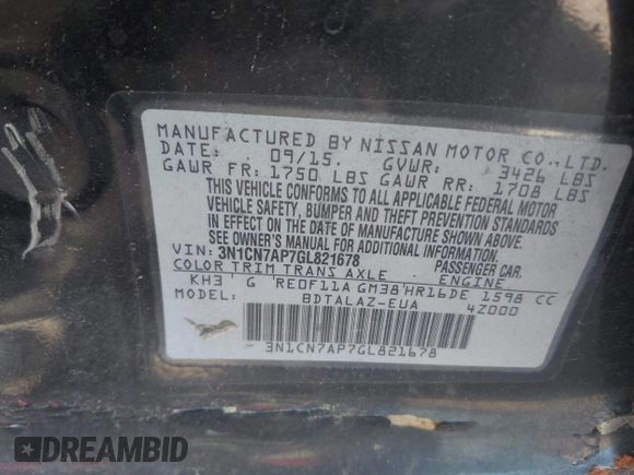 2016 Nissan Versa S Plus with VIN 3N1CN7AP7GL821678, listed as a IAAI auction lot 42217743 with 72,986 mi miles and . Bid and sale history available at DreamBid. Image 9.