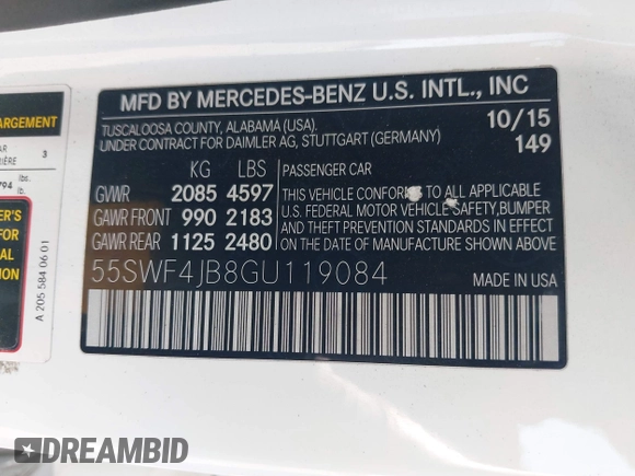 2016 Mercedes-Benz C 300 with VIN 55SWF4JB8GU119084, listed as a IAAI auction lot 42516144 with 127,222 mi miles and . Bid and sale history available at DreamBid. Image 9.
