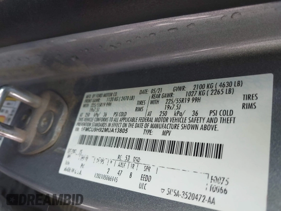 2021 Ford Escape SEL with VIN 1FMCU9H92MUA13805, listed as a IAAI auction lot 41413713 with 32,323 mi miles and . Bid and sale history available at DreamBid. Image 9.