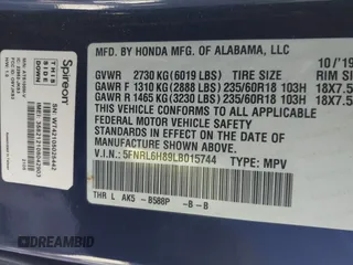 2020 Honda Odyssey Touring with VIN 5FNRL6H89LB015744, listed as a IAAI auction lot 41495735 with 106,440 mi miles and . Bid and sale history available at DreamBid. Image 9.