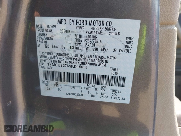 2009 Ford Escape XLS with VIN 1FMCU92769KD15656, listed as a IAAI auction lot 42185560 with 110,792 mi miles and . Bid and sale history available at DreamBid. Image 9.