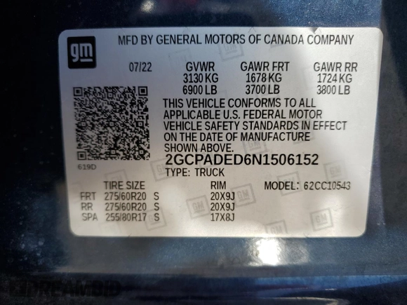 2022 Chevrolet Silverado 1500 RST with VIN 2GCPADED6N1506152, listed as a Copart auction lot 88721975 with 85,494 mi miles and Salvage Title. Bid and sale history available at DreamBid. Image 15.