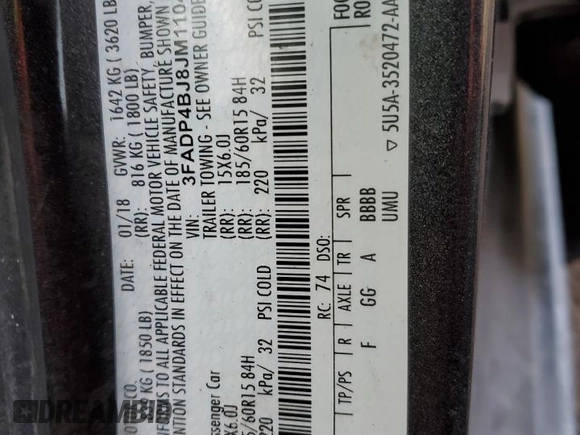 2018 Ford Fiesta SE with VIN 3FADP4BJ8JM110485, listed as a Copart auction lot 85778074 with 64,196 mi miles and Salvage Title. Bid and sale history available at DreamBid. Image 16.
