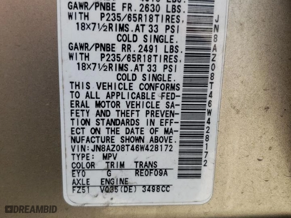 2006 Nissan Murano S with VIN JN8AZ08T46W428172, listed as a Copart auction lot 72956054 with 203,326 mi miles and Salvage Title. Bid and sale history available at carsss.com. Image 15.