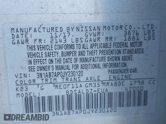 2018 Nissan Sentra S with VIN 3N1AB7AP0JY230120, listed as a IAAI auction lot 41236748 with 126,176 mi miles and . Bid and sale history available at DreamBid. Image 9.