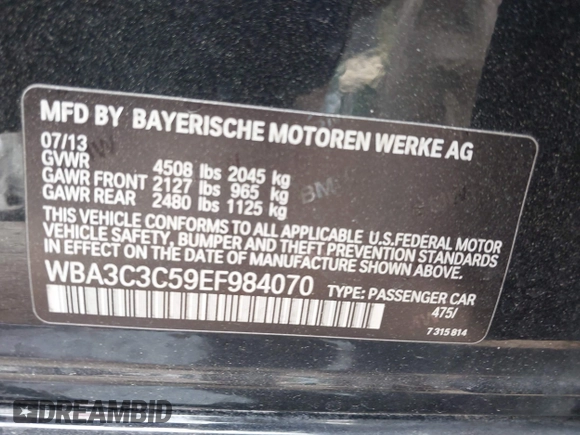 2014 BMW 3 Series 320i xDrive with VIN WBA3C3C59EF984070, listed as a IAAI auction lot 42063569 with 169,002 mi miles and . Bid and sale history available at DreamBid. Image 9.