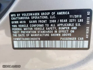 2014 Volkswagen Passat SE w/Sunroof with VIN 1VWBT7A38EC053078, listed as a IAAI auction lot 41832602 with 173,802 mi miles. Bid and sale history available at carsss.com. Image 9.