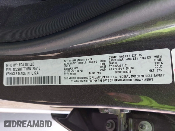 2024 Ram 1500 Lone Star with VIN 1C6SRFFT1RN125616, listed as a IAAI auction lot 42053680 with 57,274 mi miles and . Bid and sale history available at DreamBid. Image 9.