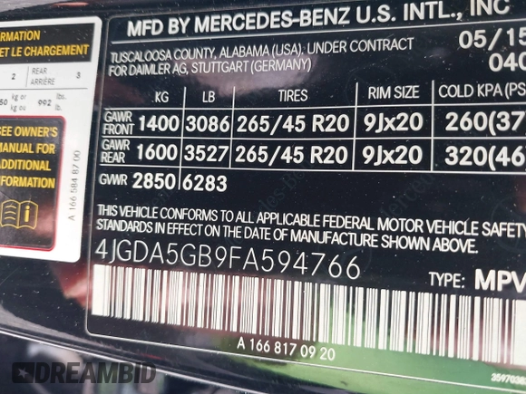 2015 Mercedes-Benz M 400 with VIN 4JGDA5GB9FA594766, listed as a IAAI auction lot 41835853 with 106,873 mi miles and . Bid and sale history available at DreamBid. Image 9.