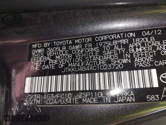 2012 Scion xD with VIN JTKKU4B4XC1023720, listed as a IAAI auction lot 41774748 with 74,371 mi miles and . Bid and sale history available at DreamBid. Image 17.