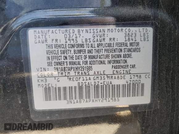 2017 Nissan Sentra SV with VIN 3N1AB7APXHY291985, listed as a Copart auction lot 53596254 with 100,370 mi miles and Salvage Title. Bid and sale history available at DreamBid. Image 12.