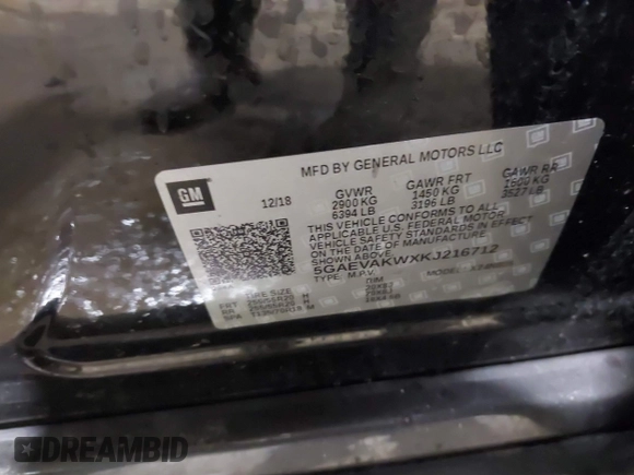 2019 Buick Enclave Essence with VIN 5GAEVAKWXKJ216712, listed as a IAAI auction lot 41440257 with 53,599 mi miles and . Bid and sale history available at carsss.com. Image 9.
