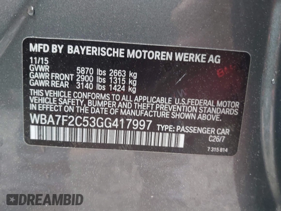 2016 BMW 7 Series 750i xDrive with VIN WBA7F2C53GG417997, listed as a IAAI auction lot 41926307 with 92,734 mi miles. Bid and sale history available at carsss.com. Image 9.