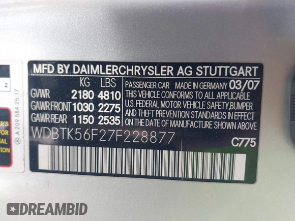 2007 Mercedes-Benz CLK 350 with VIN WDBTK56F27F228877, listed as a IAAI auction lot 42256623 with 158,017 mi miles and . Bid and sale history available at DreamBid. Image 9.