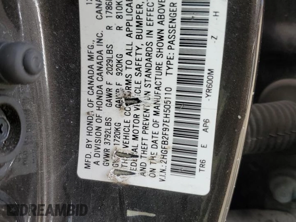2014 Honda Civic EX-L with VIN 2HGFB2F97EH505110, listed as a Copart auction lot 50043125 with 158,127 mi miles and Salvage Title. Bid and sale history available at DreamBid. Image 14.