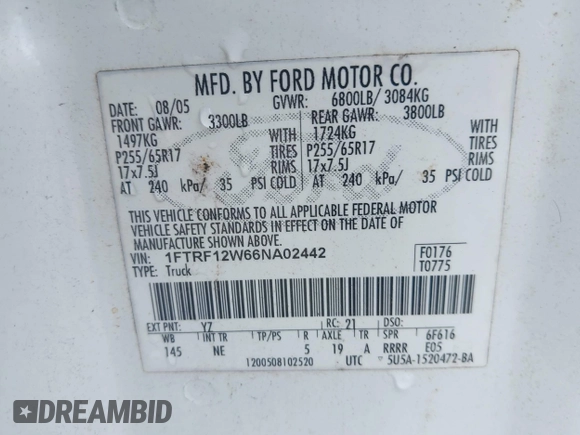 2006 Ford F-150 XL with VIN 1FTRF12W66NA02442, listed as a IAAI auction lot 42757215 with 264,506 mi miles and . Bid and sale history available at DreamBid. Image 9.