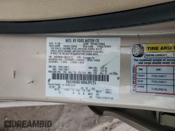 2008 Mercury Milan Premier z VIN 3MEHM08148R639125, wystawiony jako Copart lot #56798705 z przebiegiem 115 428 mil mil oraz Szkoda całkowita • Salvage title. Historia ofert i sprzedaży dostępna na DreamBid. Obrazek 12.