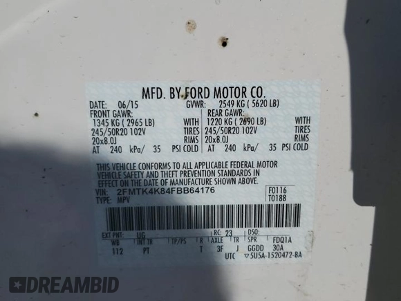 2015 Ford Edge Titanium z VIN 2FMTK4K84FBB64176, wystawiony jako Copart lot #57729005 z przebiegiem 50 654 mil mil oraz Szkoda całkowita • Salvage title. Historia ofert i sprzedaży dostępna na DreamBid. Obrazek 12.
