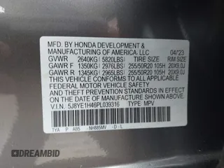 2023 Acura MDX Technology with VIN 5J8YE1H46PL039316, listed as a IAAI auction lot 42031513 with 20,743 mi miles and . Bid and sale history available at DreamBid. Image 9.