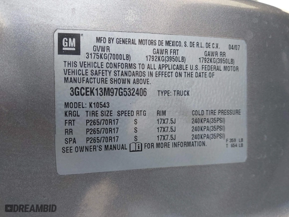2007 Chevrolet Silverado 1500 LTZ with VIN 3GCEK13M97G532406, listed as a IAAI auction lot 41656915 with 243,909 mi miles. Bid and sale history available at carsss.com. Image 9.