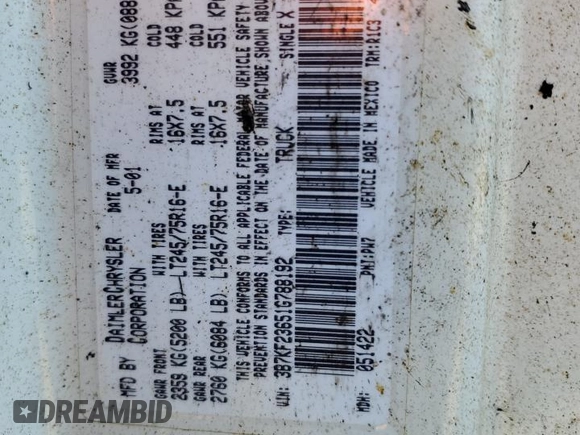 2001 Dodge Ram 2500 with VIN 3B7KF23651G788192, listed as a Copart auction lot 78912354 with 0 mi miles and Non Repairable. Bid and sale history available at carsss.com. Image 12.