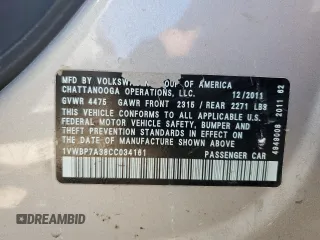2012 Volkswagen Passat SE with VIN 1VWBP7A38CC034161, listed as a Copart auction lot 47392595 with 176,646 mi miles and Salvage Title. Bid and sale history available at carsss.com. Image 13.