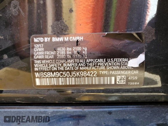 2018 BMW M3 with VIN WBS8M9C50J5K98422, listed as a Copart auction lot 57500235 with 62,915 mi miles and Salvage title. Bid and sale history available at DreamBid. Image 12.