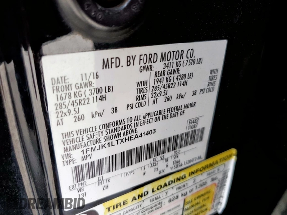 2017 Ford Expedition Max Platinum z VIN 1FMJK1LTXHEA41403, wystawiony jako Copart lot #65591195 z przebiegiem 209 842 mil mil oraz Szkoda całkowita • Salvage title. Historia ofert i sprzedaży dostępna na DreamBid. Obrazek 13.