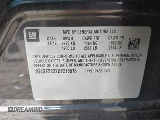 2013 Buick LaCrosse Premium 1 with VIN 1G4GF5E32DF216573, listed as a IAAI auction lot 42138481 with 187,214 mi miles and . Bid and sale history available at DreamBid. Image 9.