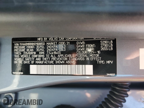 2017 Volvo XC60 Dynamic with VIN YV440MRR8H2168850, listed as a Copart auction lot 61555725 with 71,467 mi miles and Salvage title. Bid and sale history available at DreamBid. Image 13.