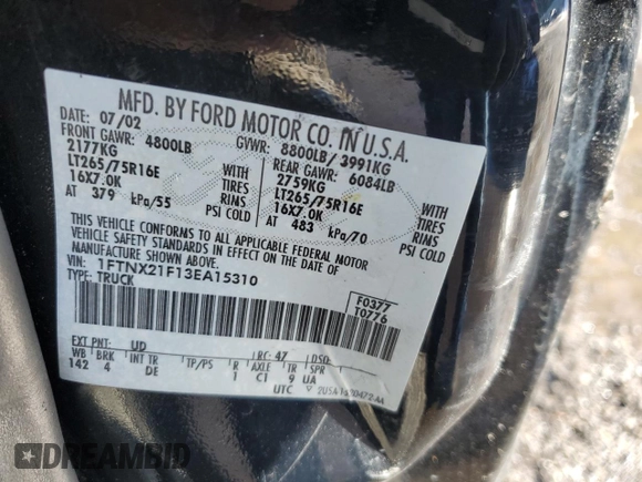 2003 Ford Super Duty F-250 XL with VIN 1FTNX21F13EA15310, listed as a Copart auction lot 43876065 with 162,227 mi miles and Salvage Title. Bid and sale history available at carsss.com. Image 12.