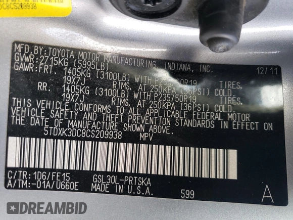 2012 Toyota Sienna SE with VIN 5TDXK3DC8CS209938, listed as a Copart auction lot 49187275 with 120,066 mi miles and Salvage Title. Bid and sale history available at carsss.com. Image 14.