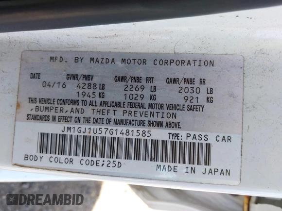 2016 Mazda 6 i Sport with VIN JM1GJ1U57G1481585, listed as a IAAI auction lot 42039982 with 133,070 mi miles and . Bid and sale history available at DreamBid. Image 9.