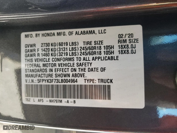 2020 Honda Ridgeline RTL-E with VIN 5FPYK3F73LB004964, listed as a Copart auction lot 44804305 with 29,116 mi miles and Salvage Title. Bid and sale history available at carsss.com. Image 15.