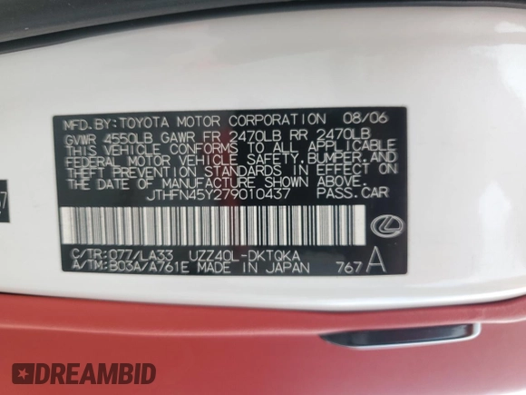 2007 Lexus SC 430 with VIN JTHFN45Y279010437, listed as a Copart auction lot 53425955 with 105,490 mi miles and Salvage Title. Bid and sale history available at DreamBid. Image 12.
