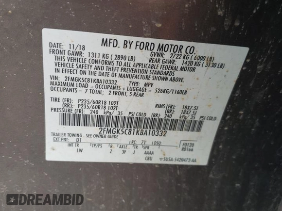 2019 Ford Flex SEL with VIN 2FMGK5C81KBA10332, listed as a Copart auction lot 76358444 with 132,371 mi miles and Salvage Title. Bid and sale history available at carsss.com. Image 12.