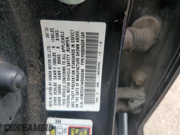 2010 Honda Insight EX z VIN JHMZE2H74AS043248, wystawiony jako Copart lot #58588725 z przebiegiem 189 189 mil mil oraz Szkoda całkowita • Salvage title. Historia ofert i sprzedaży dostępna na DreamBid. Obrazek 12.