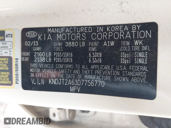 2013 Kia Soul + z VIN KNDJT2A63D7756770, wystawiony jako IAAI lot #41528323 z przebiegiem 124 423 mil mil oraz . Historia ofert i sprzedaży dostępna na DreamBid. Obrazek 9.