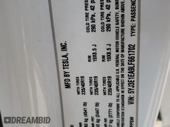 2020 Tesla Model 3 Standard Range Plus z VIN 5YJ3E1EA9LF661702, wystawiony jako Copart lot #55533725 z przebiegiem 66 286 mil mil oraz Szkoda całkowita • Salvage title. Historia ofert i sprzedaży dostępna na DreamBid. Obrazek 12.