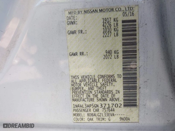 2016 Nissan Altima 2.5 SR with VIN 1N4AL3AP5GN371702, listed as a IAAI auction lot 41645955 with 180,935 mi miles. Bid and sale history available at carsss.com. Image 9.