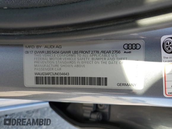 2018 Audi A6 Premium Plus with VIN WAUG3AFC3JN034643, listed as a Copart auction lot 39777413 with 0 mi miles. Bid and sale history available at carsss.com. Image 14.