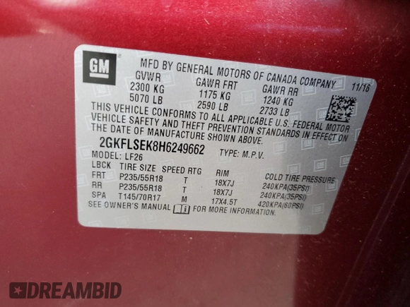 2017 GMC Terrain SLE with VIN 2GKFLSEK8H6249662, listed as a Copart auction lot 79162344 with 47,580 mi miles and Salvage Title. Bid and sale history available at carsss.com. Image 14.