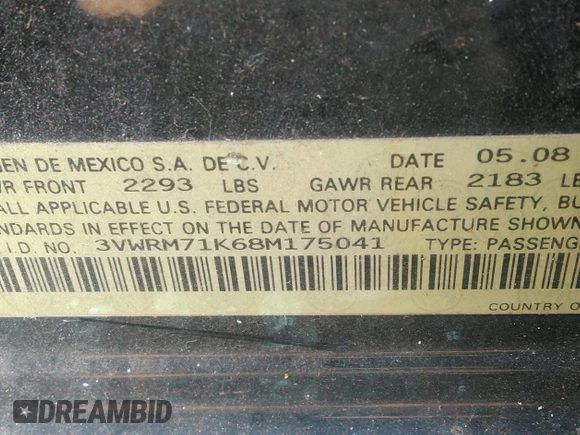 2008 Volkswagen Jetta Sedan SE with VIN 3VWRM71K68M175041, listed as a IAAI auction lot 41803722 with 1 mi miles. Bid and sale history available at carsss.com. Image 9.