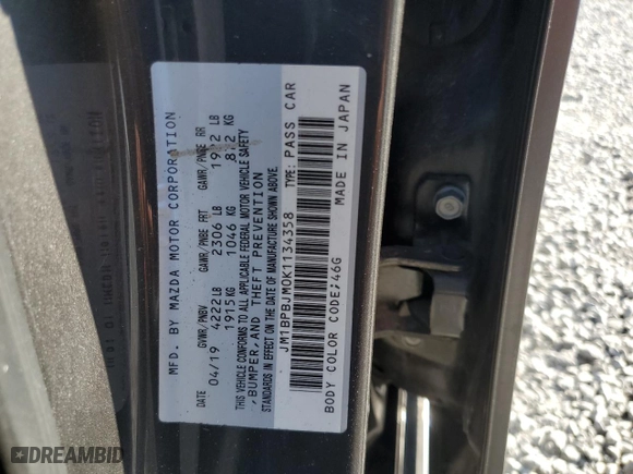 2019 Mazda Mazda3 Hatchback with VIN JM1BPBJM0K1134358, listed as a Copart auction lot 72412974 with 53,707 mi miles and Salvage Title. Bid and sale history available at carsss.com. Image 15.