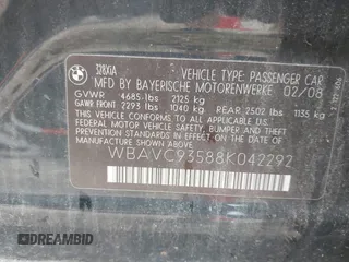 2008 BMW 3 Series 328xi с VIN WBAVC93588K042292, выставлен на аукционе IAAI как лот 42565917 с пробегом 179 188 миль миль и . История ставок и продаж доступна на DreamBid. Изображение 9.