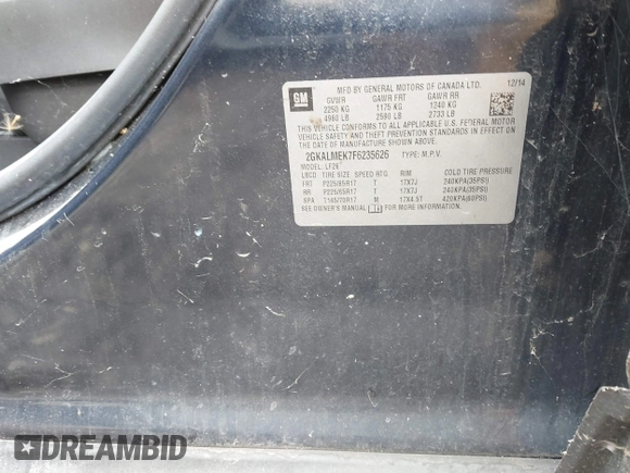 2015 GMC Terrain SLE z VIN 2GKALMEK7F6235626, wystawiony jako IAAI lot #42232126 z przebiegiem 124 456 mil mil oraz . Historia ofert i sprzedaży dostępna na DreamBid. Obrazek 9.