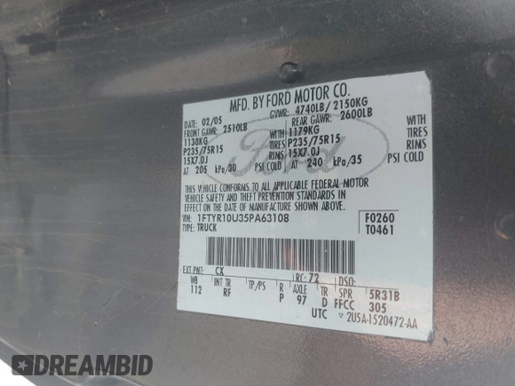 2005 Ford Ranger XL с VIN 1FTYR10U35PA63108, выставлен на аукционе IAAI как лот 41493348 с пробегом 160 120 миль миль и . История ставок и продаж доступна на DreamBid. Изображение 9.