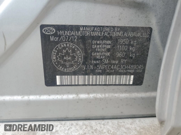 2012 Hyundai Sonata SE z VIN 5NPEC4AC3CH489045, wystawiony jako Copart lot #57980785 z przebiegiem 241 729 mil mil oraz Czysty tytuł • Clean title. Historia ofert i sprzedaży dostępna na DreamBid. Obrazek 12.