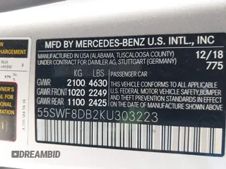 2019 Mercedes-Benz C 300 with VIN 55SWF8DB2KU303223, listed as a IAAI auction lot 41028551 with 62,729 mi miles and . Bid and sale history available at DreamBid. Image 9.