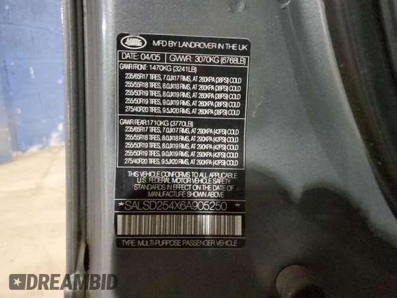 2006 Land Rover Range Rover with VIN SALSD254X6A905250, listed as a Copart auction lot 83646864 with 235,926 mi miles and Salvage Title. Bid and sale history available at DreamBid. Image 13.